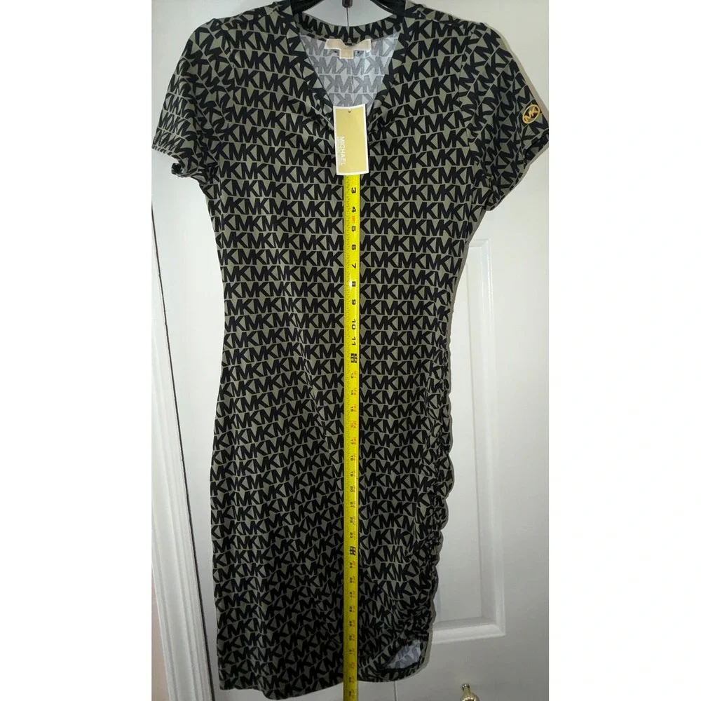 MICHAEL Michael Kors Women Army Green MK Logo Ruched Bodycon Dress